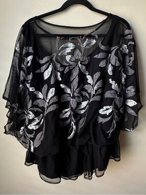 Dressbarn Women’s Floral Embroidered Blouse Size 18 Top Sequin Flutter Sleeves